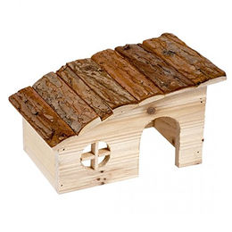 Duvo+ Holzlodge mit Schrägdach als Nagerunterschlupf und Knabberspielzeug für Nagetiere, 20 x 13 x 12 cm - 270 g – Bild 1 von 2