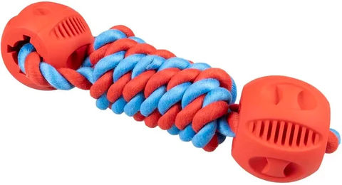 Duvoplus Rubrop Hundespielzeug Hantel-Seil aus Gummi mit 2 Bällen in Rot und Bunt – Bild 1 von 1