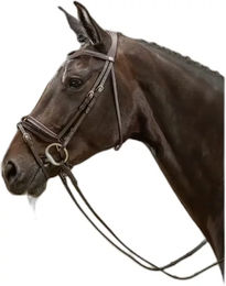 Produktbild von Dy'on Breitnasenbridle Trense mit kombiniertem Grubber aus lackiertem Leder Braun für Vollblut