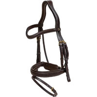 Produktbild von Dy'on Leder Trense Braun mit geflochtenem Nasenriemen und schwedischem Reithalfter für Warmblut