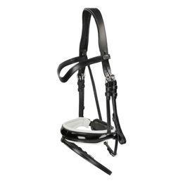 Produktbild von Dy'on Working Collection Kombiniertes Reithalfter aus Leder mit breitem Lack-Nasenriemen Schwarz-Weiß für Warmblut