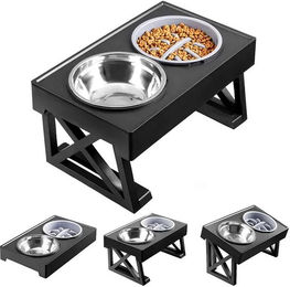 Produktbild von Edelstahl-Futternapf, Doppelbecken, Hunde- und Katzennapf, höhenverstellbar, langsame Fütterung, Wassernapf, 2-in-1