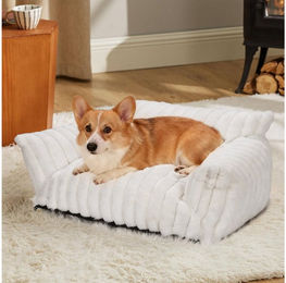 Produktbild von Elegear Tierbett Haustiersofa für Katzen & Hunde, 61/76 cm, Rutschfest, Weiß/Grau, Kaninchenfell & PP-Baumwolle, Rutschfeste Unterseite Maschinenwaschbar