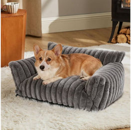 Produktbild von Elegear Tierbett Haustiersofa für Katzen & Hunde, 61/76 cm, Rutschfest, Weiß/Grau, Kaninchenfell & PP-Baumwolle, Rutschfeste Unterseite Maschinenwaschbar