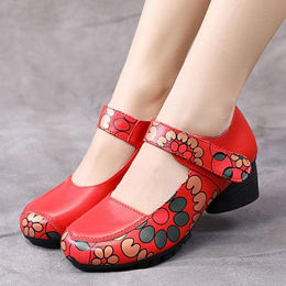 Produktbild von Ethnische Damenschuhe aus weichem Leder mit dickem Absatz, vielseitige, leichte schwarze Lederschuhe für alle Jahreszeiten 40 rot