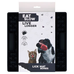 Produktbild von Eat Slow Live Longer Schleckmatte aus Silikon mit Knochenmuster in Anthrazit 21 x 21 cm