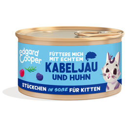 Edgard & Cooper Katzen Nassfutter Kitten Stückchen in Sauce mit MSC-Kabeljau, Freilaufhuhn und Blaubeeren, getreidefrei, 18 x 85 g - 18 x 85 g – Bild 1 von 2