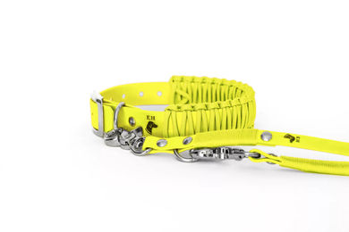 Produktbild von Elbhunde Biothane Paracord Halsband und Leine Set KISS ME NEONgelb Größe M wasserfest