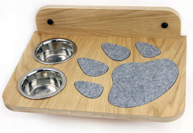 Elegante hängende Futterstation für Haustiere aus Holz mit Edelstahlschüssel in Braun und Silber 40cm x 29cm – Bild 1 von 1