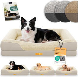 ELONEO Orthopädisches Hundebett aus Sherpa-Fleece und Sofastoff in Beige – Bild 1 von 5