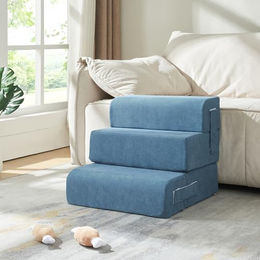 en.casa Haustiertreppe Joelerhatra mit Hundekissen für kleine Rassen aus Cord Blau 45x50x45 cm – Bild 1 von 7