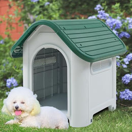 en.casa Hundehütte Outdoor wetterfeste Hundehöhle aus Kunststoff mit Lüftungsschlitzen und erhöhtem Boden Weiß/Grün 75 x 59 x 66 cm – Bild 1 von 5