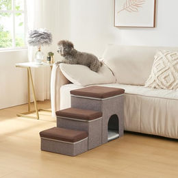 en.casa Hundetreppe Vojens Hunderampe mit Höhle für kleine Hunde und Katzen, 3-stufig, klappbar, Holz, 76 x 33 x 43 cm, Braun/Grau – Bild 1 von 11