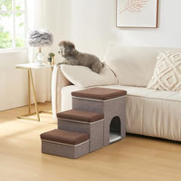 Produktbild von en.casa Hundetreppe Vojens Hunderampe mit Höhle für kleine Hunde und Katzen, 3-stufig, klappbar, Holz, 76 x 33 x 43 cm, Braun/Grau