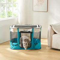 Produktbild von en.casa Mörbylånga Haustier-Laufstall für Welpen und erwachsene Hunde oder Katzen, faltbares Freigehege aus wasserfestem Oxford-Gewebe, Blau/Beige, 70 x 55 x 45 cm
