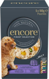Produktbild von Encore Dog Finest Selection Nassfutter für Hunde Adult Mix Geschmacksrichtungen Huhn, Thunfisch und Ente in Gelee 5x100g
