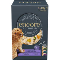 Produktbild von Encore Dog Finest Selection Nassfutter für Hunde Adult Mix Geschmacksrichtungen Huhn, Thunfisch und Ente in Gelee 5x100g