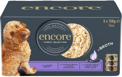 Produktbild von Encore Dog Finest Selection Nassfutter Multipack mit Huhn Schwein und Rind in Brühe für erwachsene Hunde 5x156g Hypoallergen mit hohem Fleischanteil - 5 x 156 g