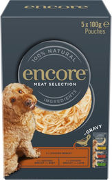 Produktbild von Encore Hundefutter Stückchen in Sauce Fleisch-Mix Huhn Rind Lamm getreidefrei 5 x 100 g