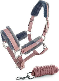 Produktbild von Equestrian Stockholm Halfter und Longiergurt Set für Ponys aus Plüsch in Rosa Grau Silber