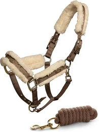 Produktbild von Equestrian Stockholm Set aus Halfter und Longiergurt für Pferde in Beige mit Gold und Braun aus Plüsch