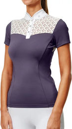 Equestrian Stockholm Turnierpolo Damen Kurzarm Weiß Dark Violet Größe L mit Crystal Besatz – Bild 1 von 13