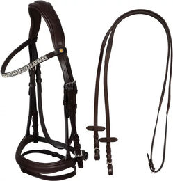 Produktbild von Equestro Anatomisch geformter Reitzügel aus Leder mit Strassbesatz für Vollblut Pferde