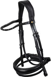 Produktbild von Equestro Anatomische Dressurtrense aus Leder in Schwarz und Gelb
