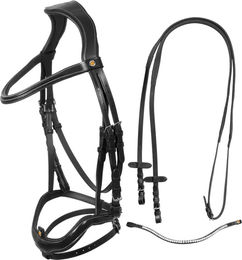 Produktbild von Equestro Anatomisches Reit-Trensengebiss mit gebogenem Nasenriemen aus Leder für Ponys in Schwarz