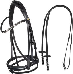 Produktbild von Equestro Anatomisches Reithalfter aus Leder mit kombiniertem Nasenriemen in Schwarz Full