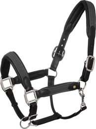 Produktbild von Equestro Lederhalfter für Pferde mit geflochtenen Nylon-Einsätzen in Schwarz