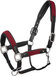 Produktbild von Equestro Lederhalfter für Pferde mit geflochtenen Nylon-Einsätzen in Schwarz oder Rot