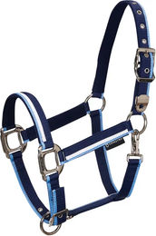 Produktbild von Equestro Pferdehalfter mit Fleecepolsterung und Karabinerhaken in Weiß-Blau