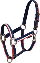 Produktbild von Equestro Pferdehalfter mit Fleecepolsterung und Karabinerhaken in Weiß-Blau für Vollblut