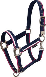 Produktbild von Equestro Pferdehalfter mit Fleecepolsterung und Karabinerhaken in Weiß-Blau für Vollblut