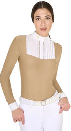 Produktbild von Equestro Reitshirt Damen Langarm-Polo aus plissierter Baumwolle Beige Größe L