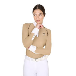 Equestro Reitshirt Damen Langarm Polo mit Mesh-Einsatz Beige Größe M – Bild 1 von 2