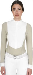 Produktbild von Equestro Turnierpolo mit langen Ärmeln für Damen in Beige und Weiß
