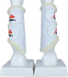 Produktbild von eQuick Etraining Fluffy Gamaschen für Pferde vorne aus Plüsch Braun Weiß Größe S