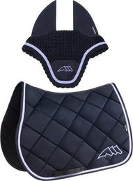 Produktbild von Equiline Eqchroma Sattelset für Pferde mit Fliegenhaube in Schwarz und Blau