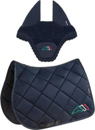 Produktbild von Equiline Eqtricolore Sattelset für Pferde mit Schabracke und Fliegenhaube aus Polyester in Schwarz und Blau