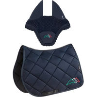 Produktbild von Equiline Eqtricolore Sattelset für Pferde mit Schabracke und Fliegenhaube aus Polyester in Schwarz und Blau