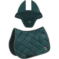 Produktbild von Equiline Eqtricolore Sattelset für Pferde mit Schabracke und Fliegenhaube aus Polyester in Schwarz und Grün