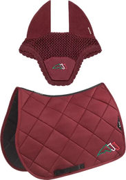 Equiline Eqtricolore Sattelset mit Schabracke und Fliegenhaube aus Polyester in Schwarz-Rot für Pferde – Bild 1 von 6