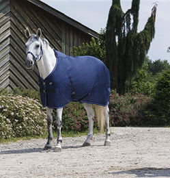 Produktbild von EQUIT'M Stalldecke für Pferde aus Polyester mit 150 g Polyfil in Marineblau Rückenlänge 100 cm
