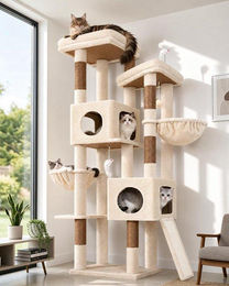 Equivera Katzenbaum Beige mit 2 Plattformen und 2 Katzenhäusern für 3-5 Katzen 182 cm hoch – Bild 1 von 1