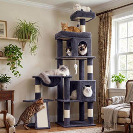 Equivera Katzenbaum Dunkelgrau mit 2 Häuschen, Hängematte und Sisal-Kratzstämmen 173 cm hoch – Bild 1 von 1
