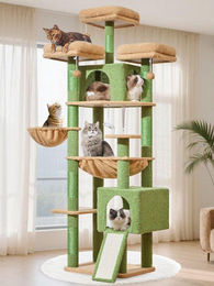 Equivera Katzenbaum Grün mit 7 Kratzbäumen, 3 Plattformen, 2 Höhlen, Körbchen und Hängematte für mehrere Katzen, 193 cm hoch – Bild 1 von 1