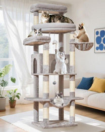 Equivera Kratzbaum für Katzen 180 cm XXL-Modell in Hellgrau mit Höhlen, Plattform, Korb und Hängematte – Bild 1 von 1
