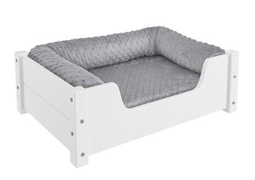 Erst-Holz Tierbett für Hunde und Katzen aus Kiefer Holz Weiß 60x40 cm mit Rollrost Polster und Matratze – Bild 1 von 9